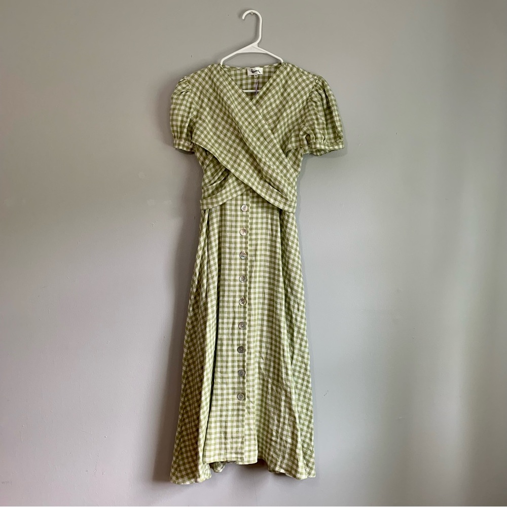 Heinui Nana Wrap Dress in Green Gingham Linen